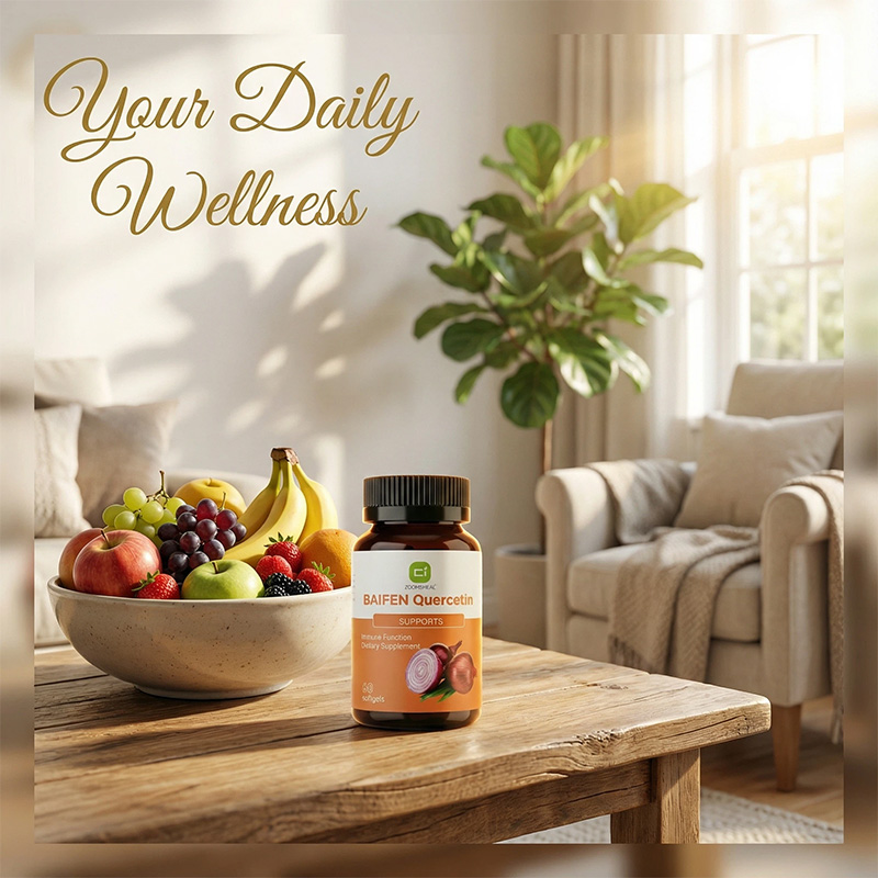Quercetin bottle and fresh fruit