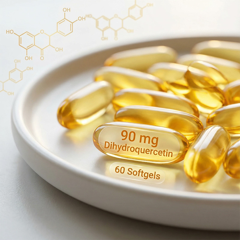 Dihydroquercetin 90 mg softgel capsules closeup