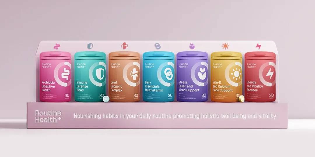 Supplement packaging design for Routine Health+