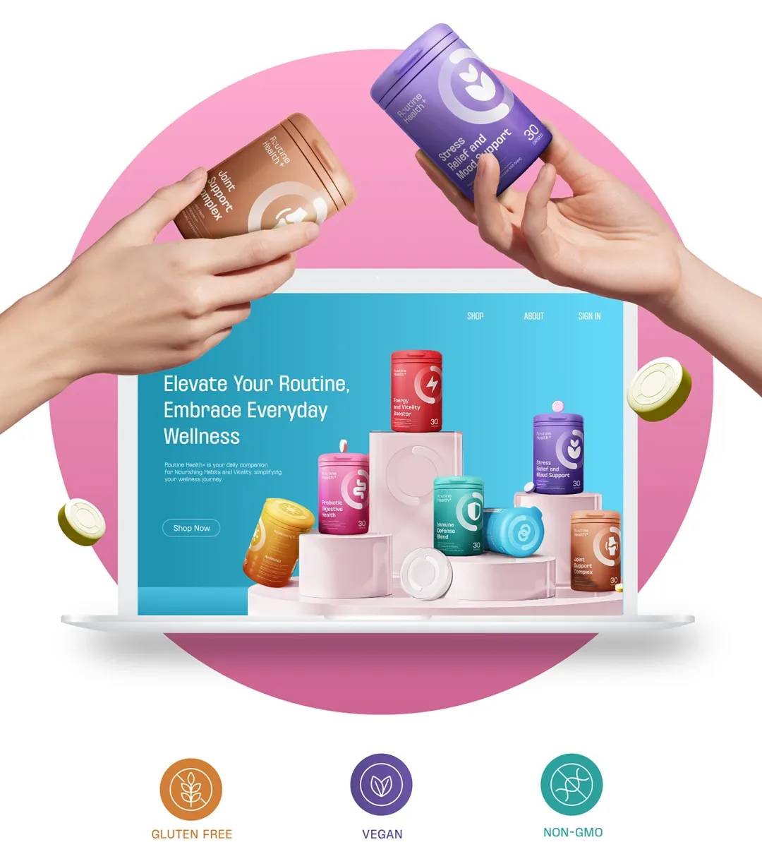 Supplement packaging design for Routine Health+