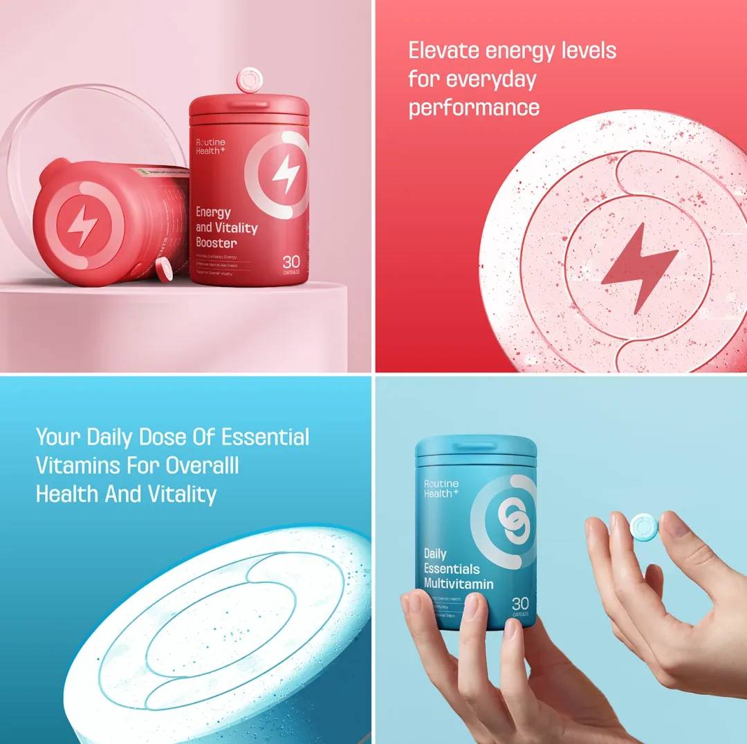 Supplement packaging design for Routine Health+