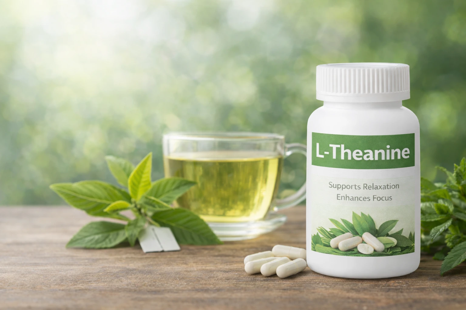 L-Theanine supplement with green tea and fresh leaves