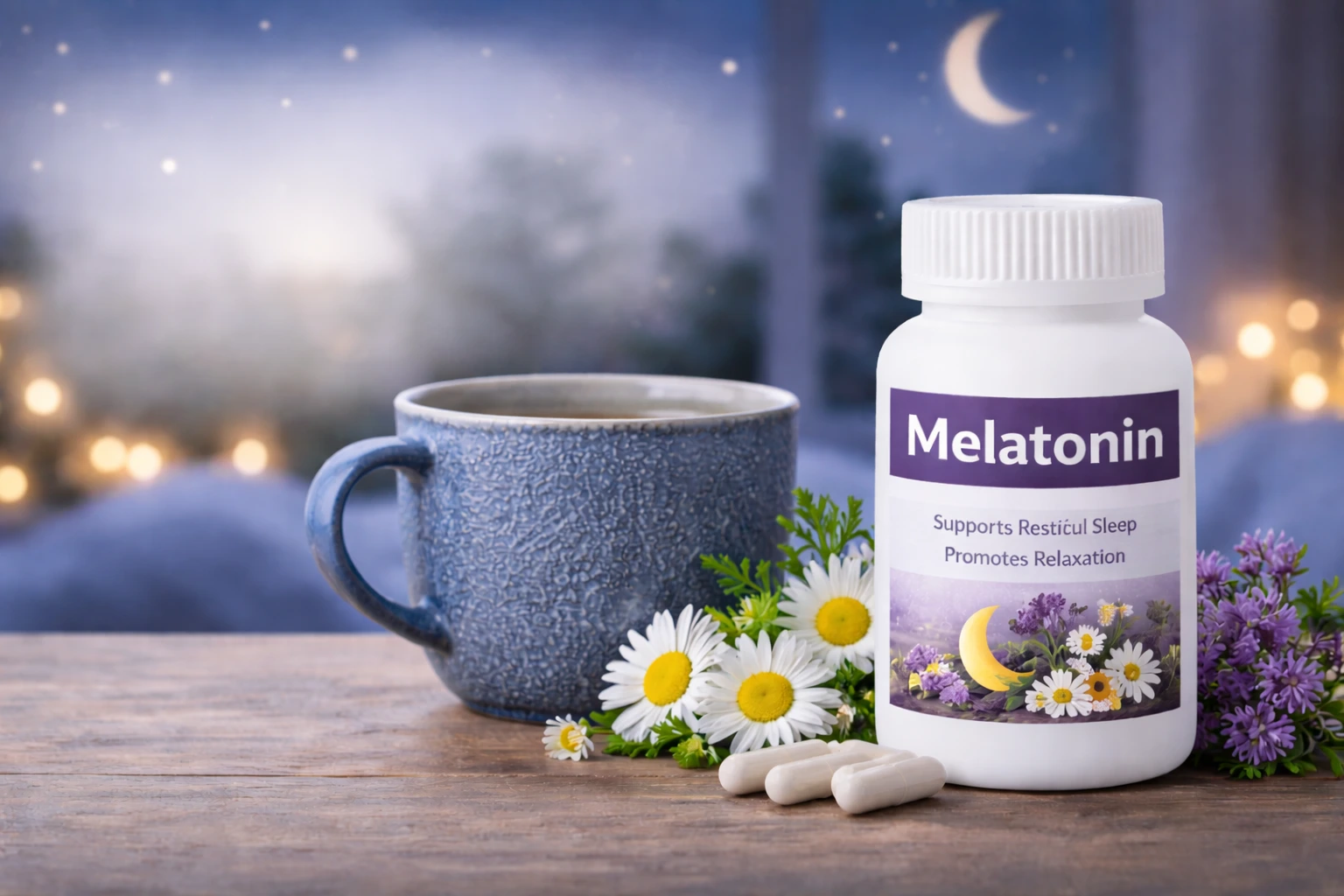 Melatonin bottle with chamomile tea and flowers in a serene nighttime setting