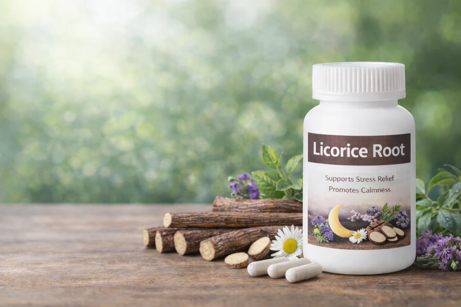 Licorice root supplement with sticks, flowers, and fresh herbs