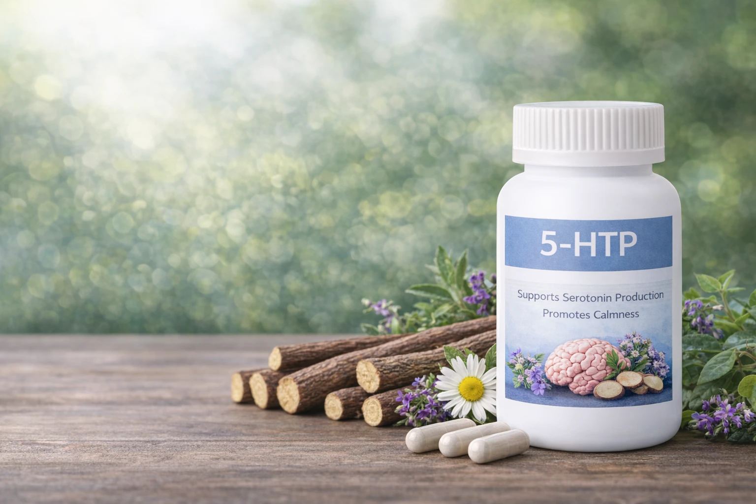 5-HTP supplement with licorice root sticks and fresh herbs