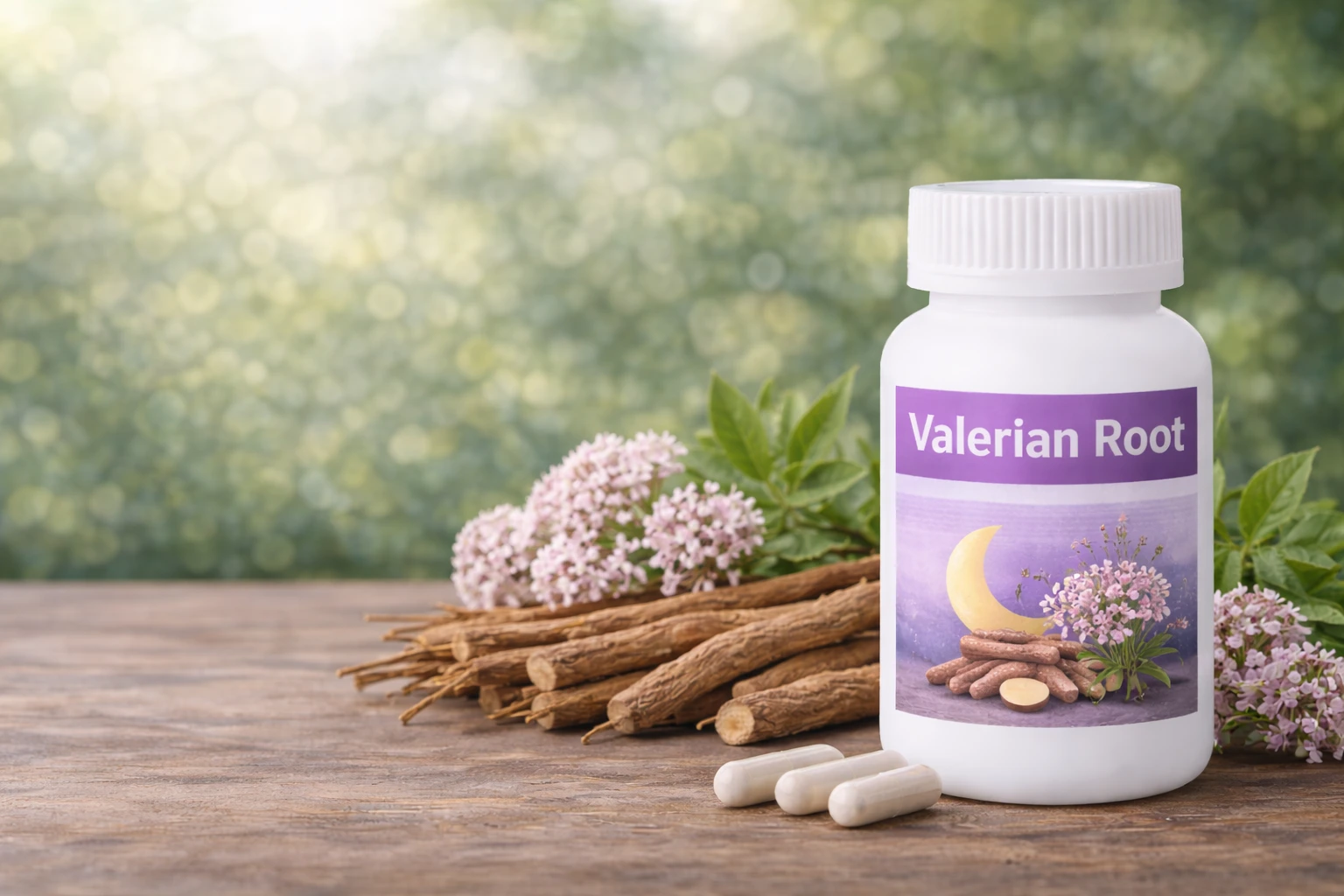 Valerian root supplement with dried roots and fresh flowers