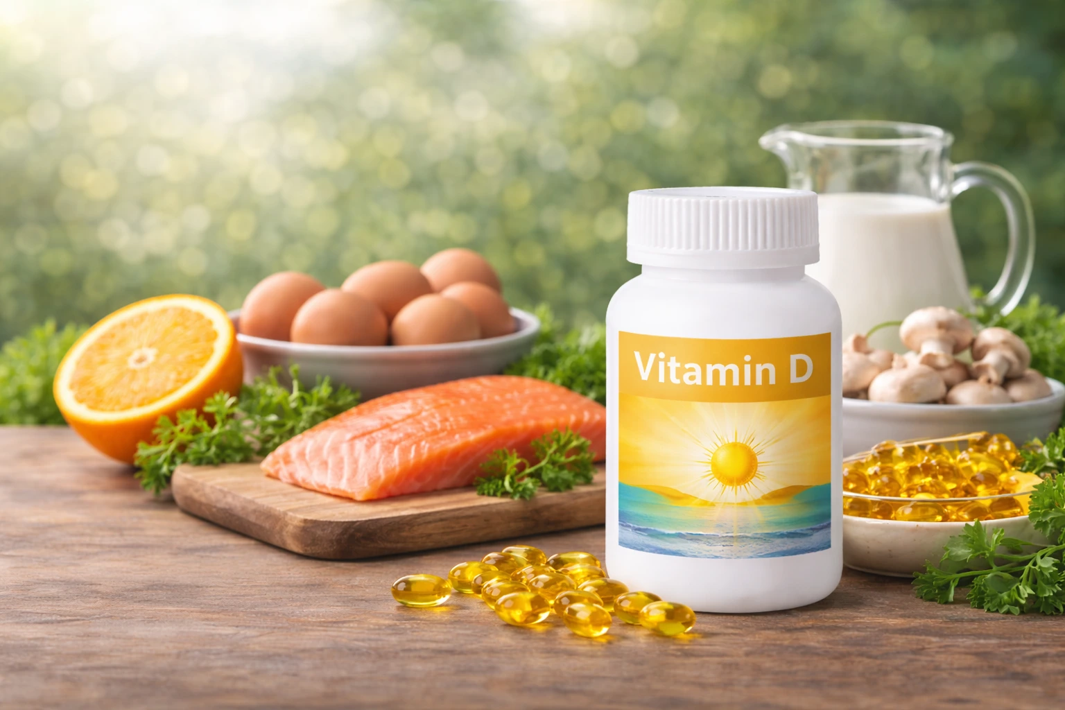 Vitamin D supplement with salmon, eggs, mushrooms, and orange