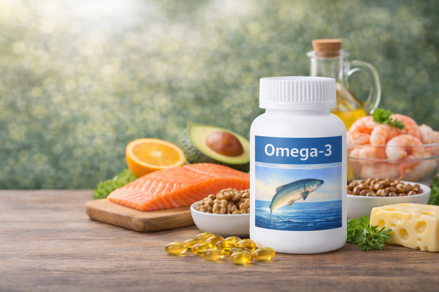 Omega-3 supplement with fish, nuts, and seeds