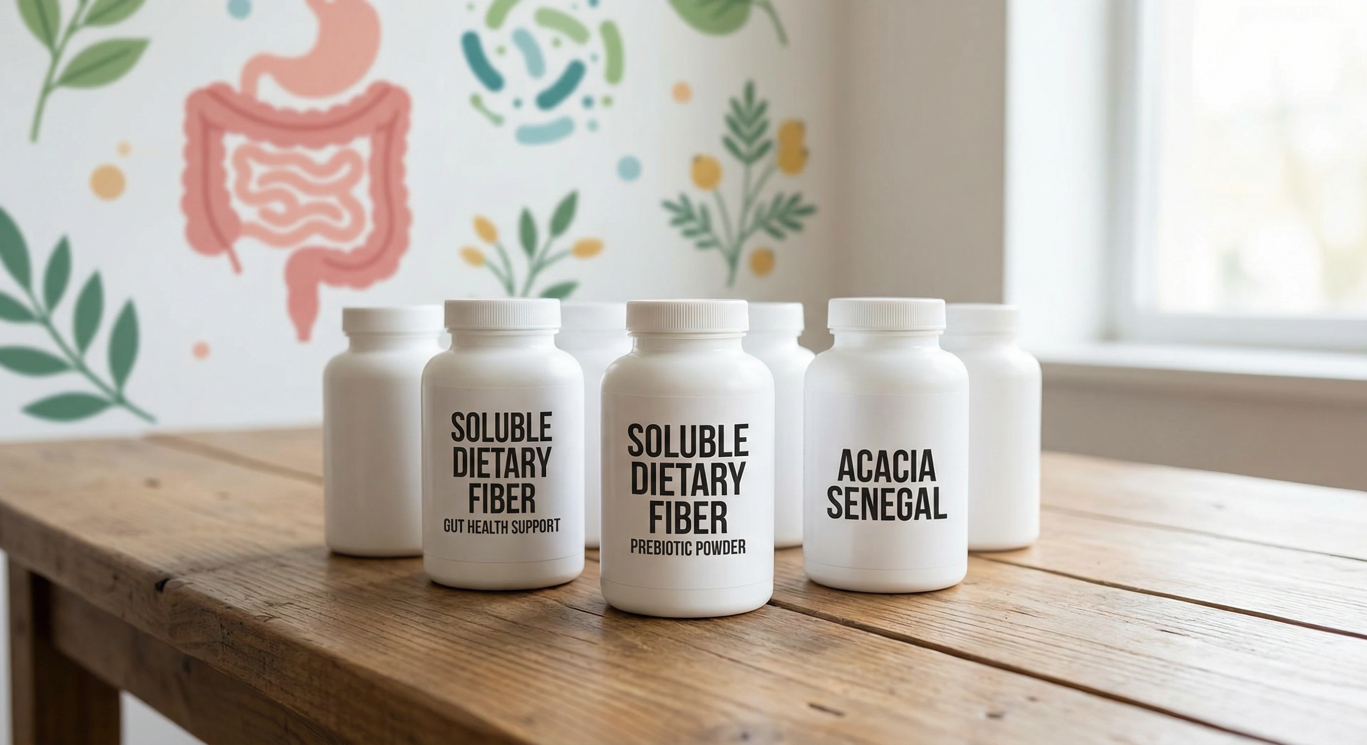 soluble dietary fiber supplement bottles on table