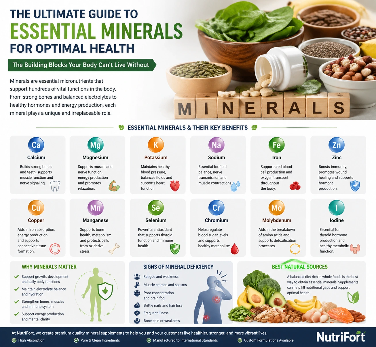 Several bottles of chelated mineral supplements (magnesium, iron, zinc, calcium) arranged on a clean wooden table with a subtle digestive health illustration in the background.