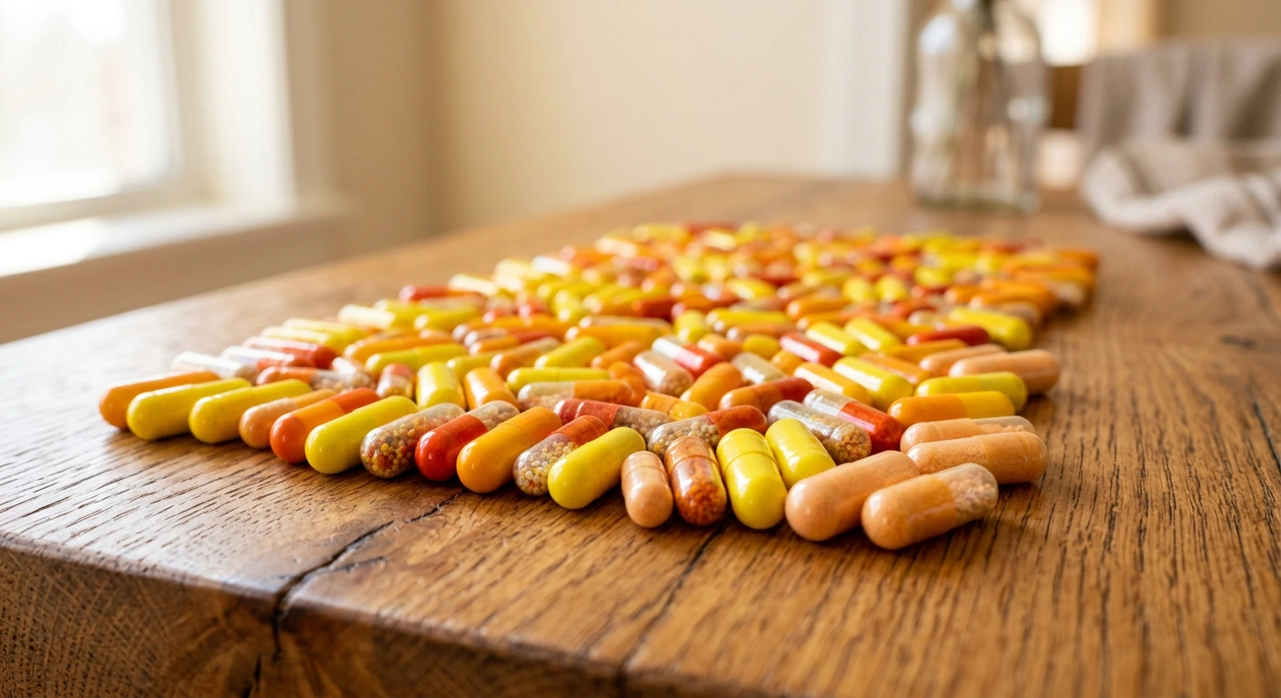 B-complex vitamin capsules on wooden table
