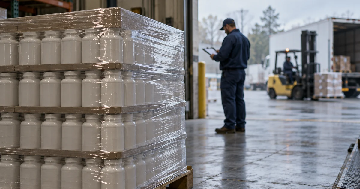 Pallet of finished supplement bottles waiting on a factory loading dock