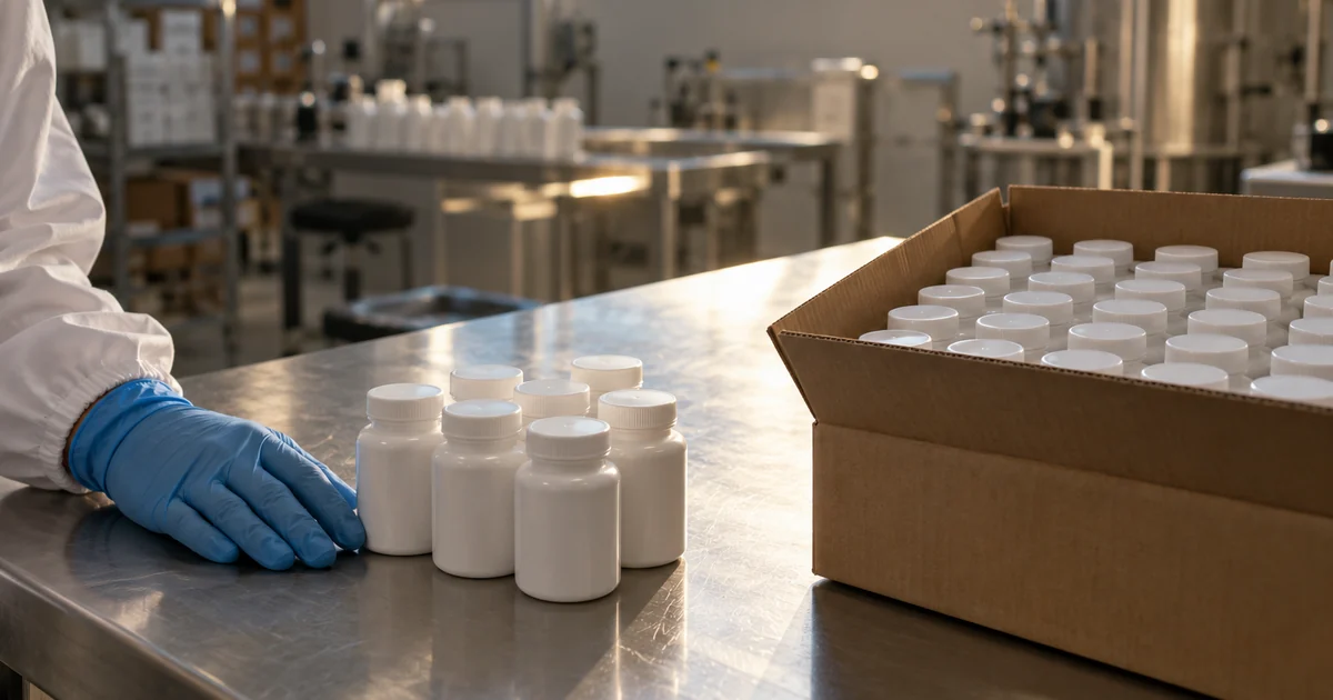 Packing bench showing a small run of supplement bottles beside a full carton
