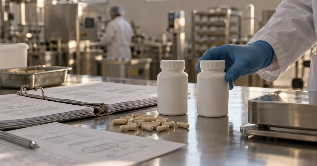 Technical folder and two supplement bottles compared on a stainless steel bench