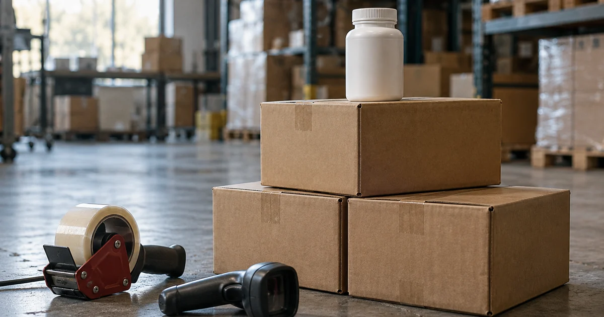 Shipping cartons and a supplement bottle ready for marketplace fulfilment